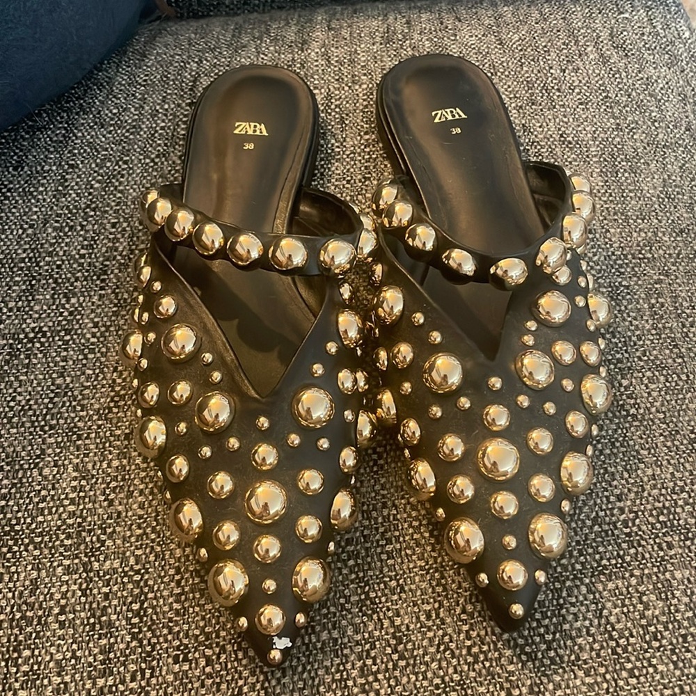 ZARA VIRAL Gold Studded Flat Mules 7.5
